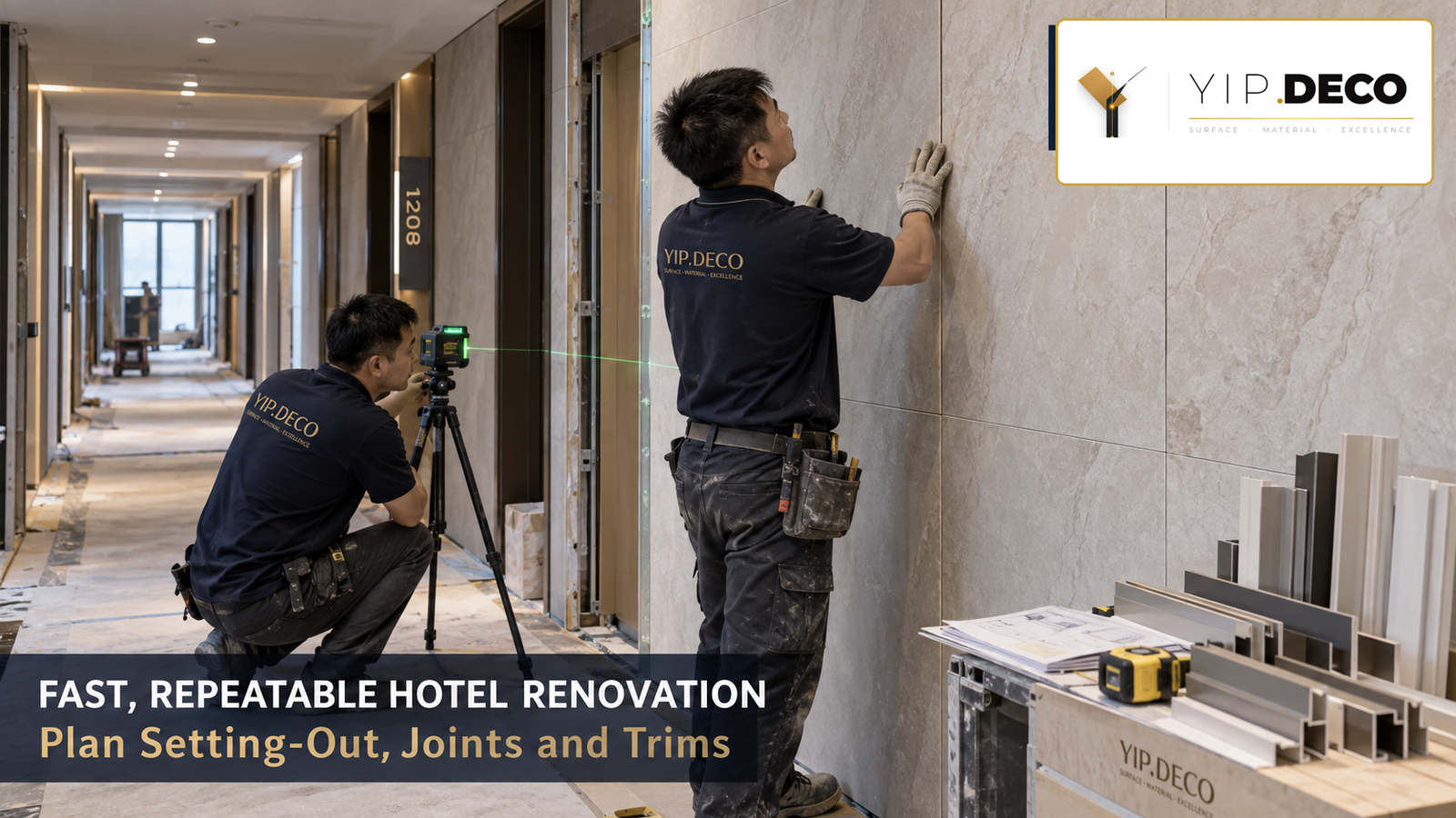 Chinese installers fitting large SPC wall panels during a hotel renovation