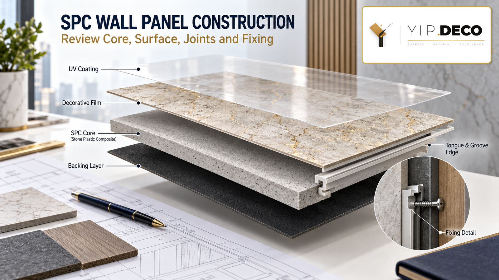 Exploded technical view of SPC wall panel layers and fixing details