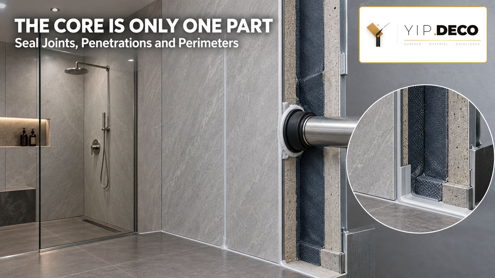Wet-area wall assembly showing sealed joints, penetrations, perimeter and substrate