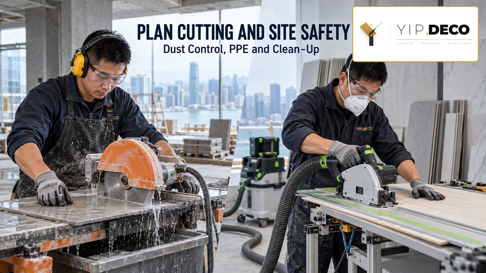 Chinese installers using a wet tile saw and dust-extracted panel saw with PPE