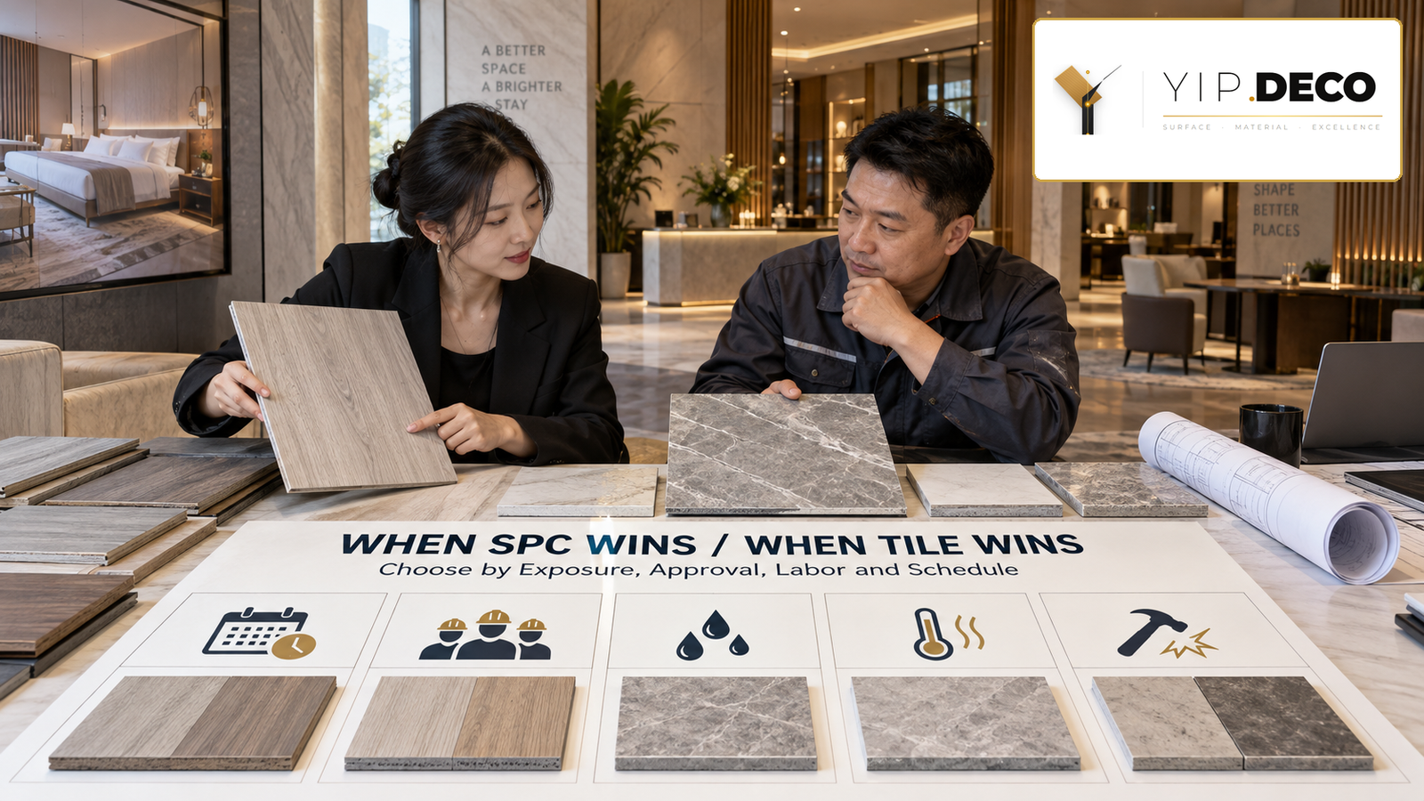 Chinese architect and contractor comparing SPC wall panel and ceramic tile samples