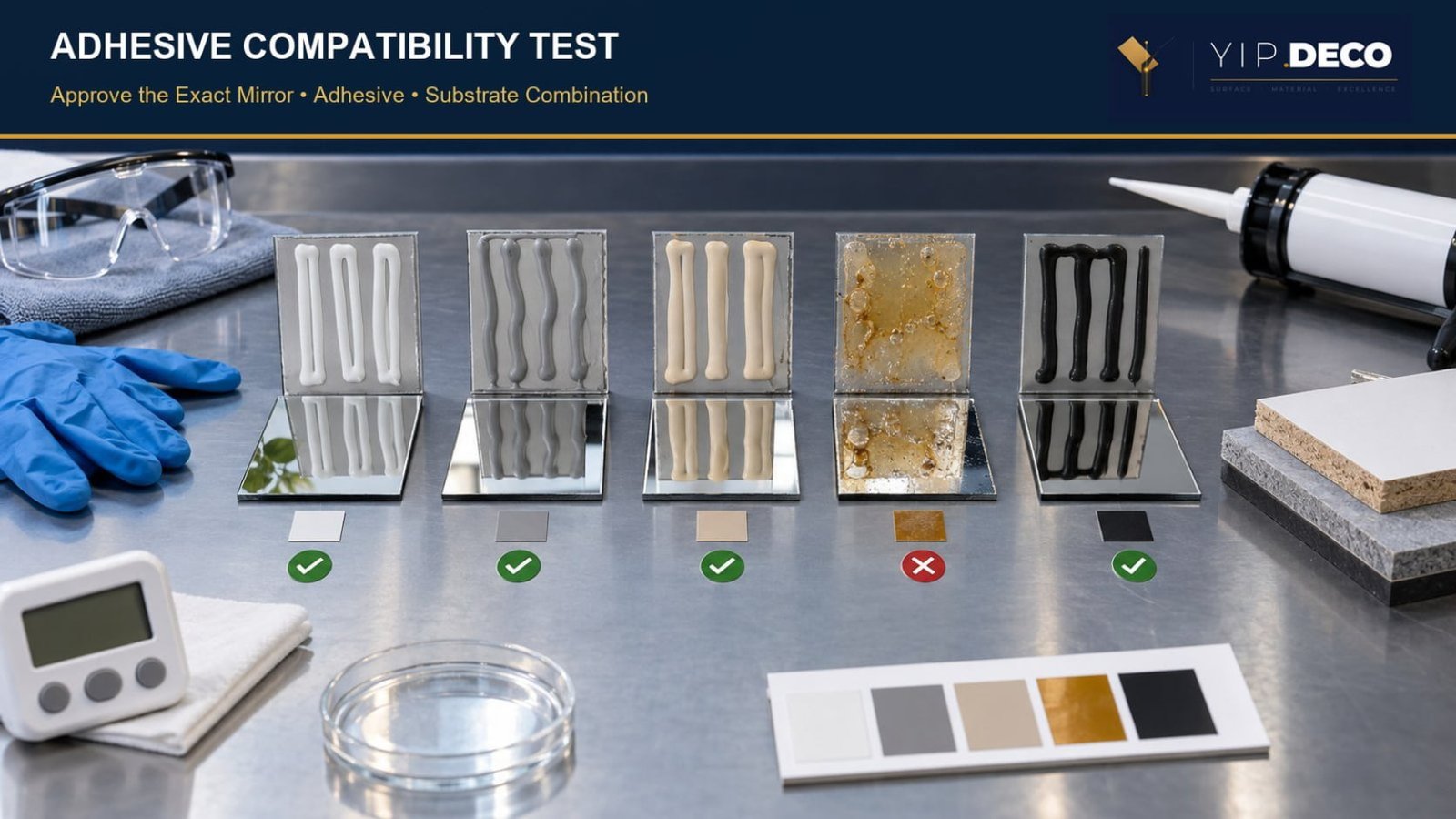 Adhesive compatibility test using acrylic mirror offcuts and substrate samples