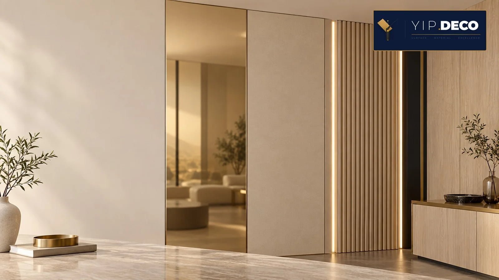 Coordinated acrylic mirror wall system with flat panels, grille panels and lighting profiles