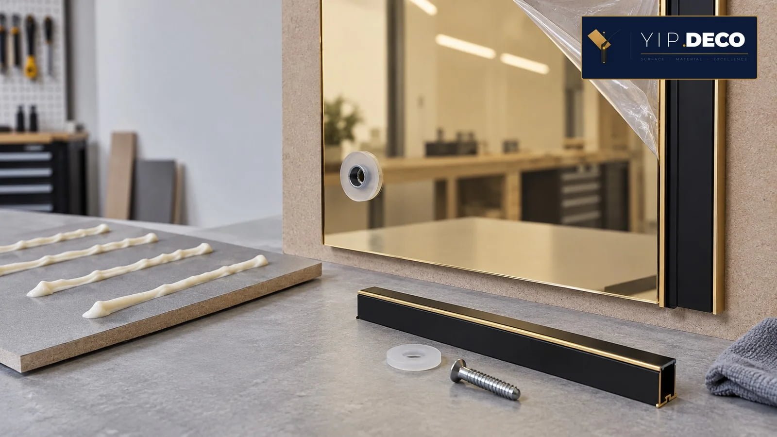 Acrylic mirror panel installation details with adhesive, washer, fixing and edge trim