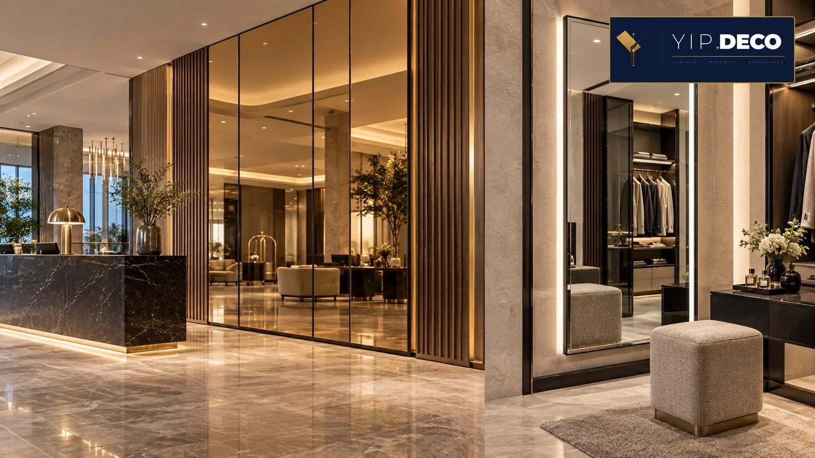 Champagne acrylic mirror wall in a hotel lobby