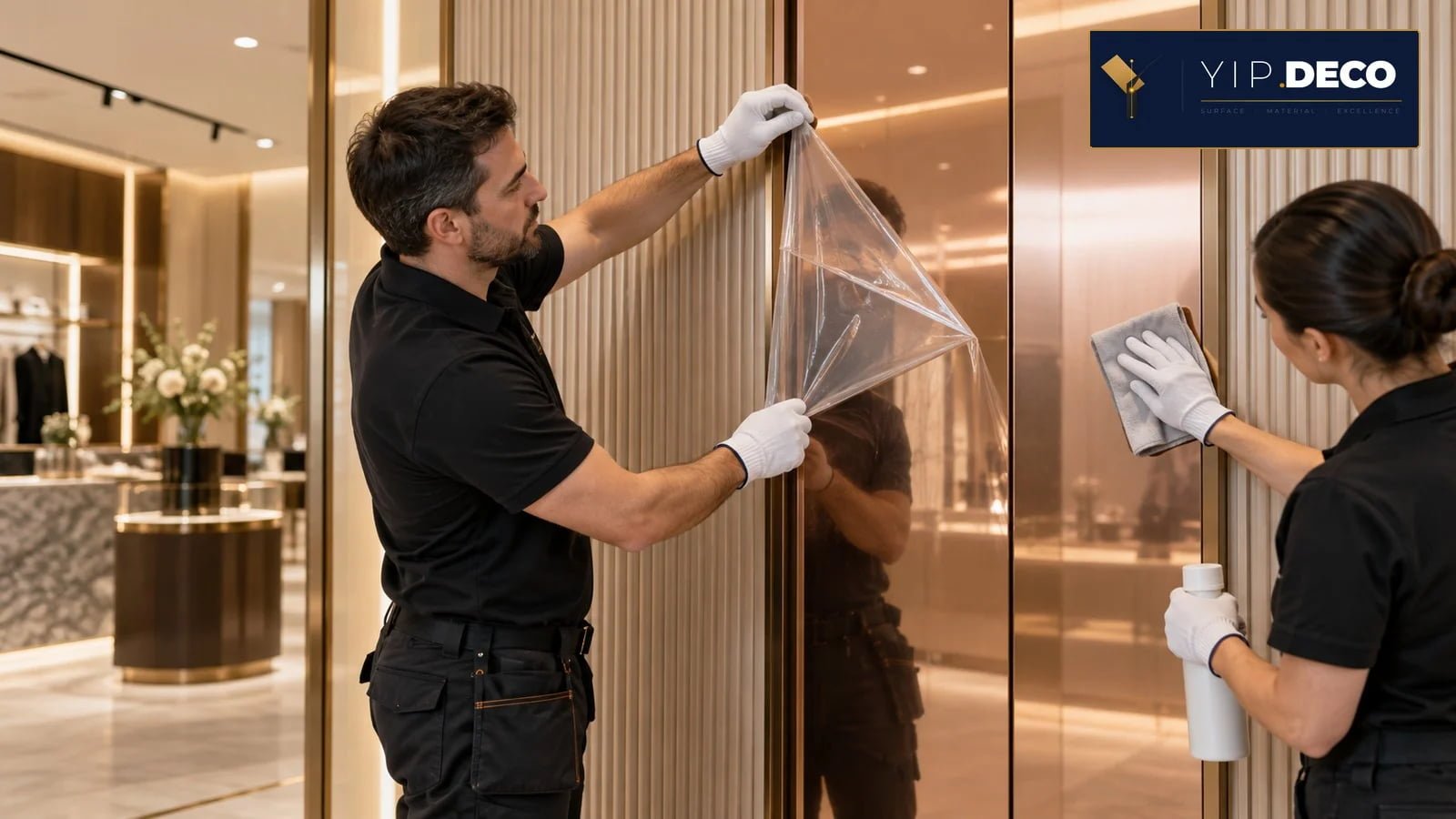Removing protective film and cleaning an acrylic mirror with a microfiber cloth