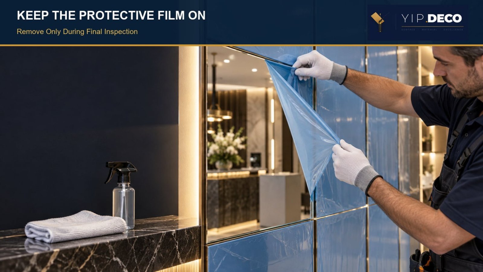 Installer removing protective film from acrylic mirror panels during final inspection