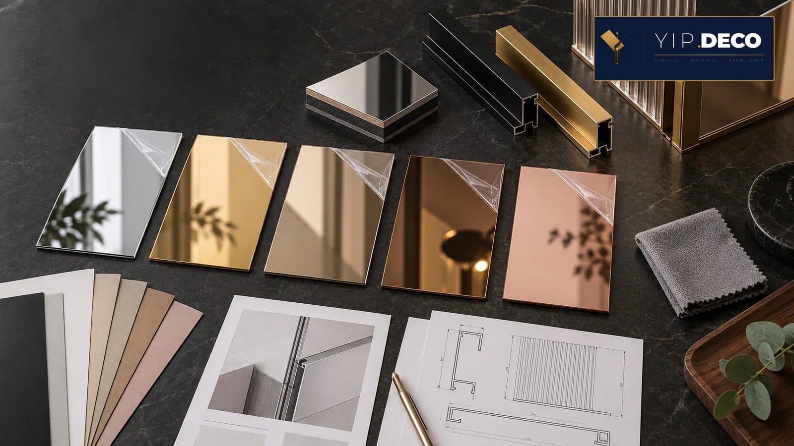 Acrylic mirror color samples, profiles, backing materials and drawings for approval