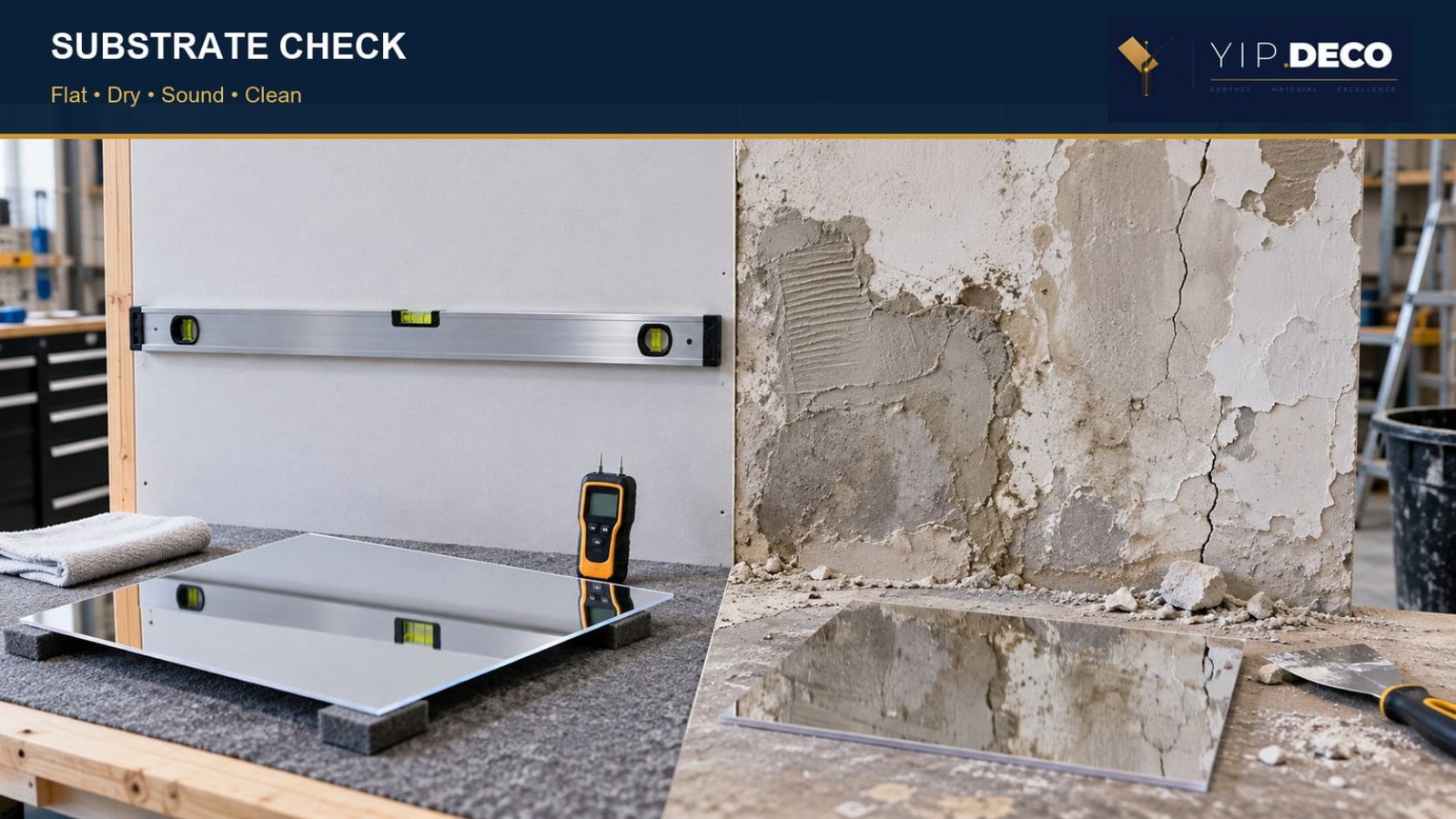 Flat prepared substrate compared with an uneven damaged wall before acrylic mirror installation