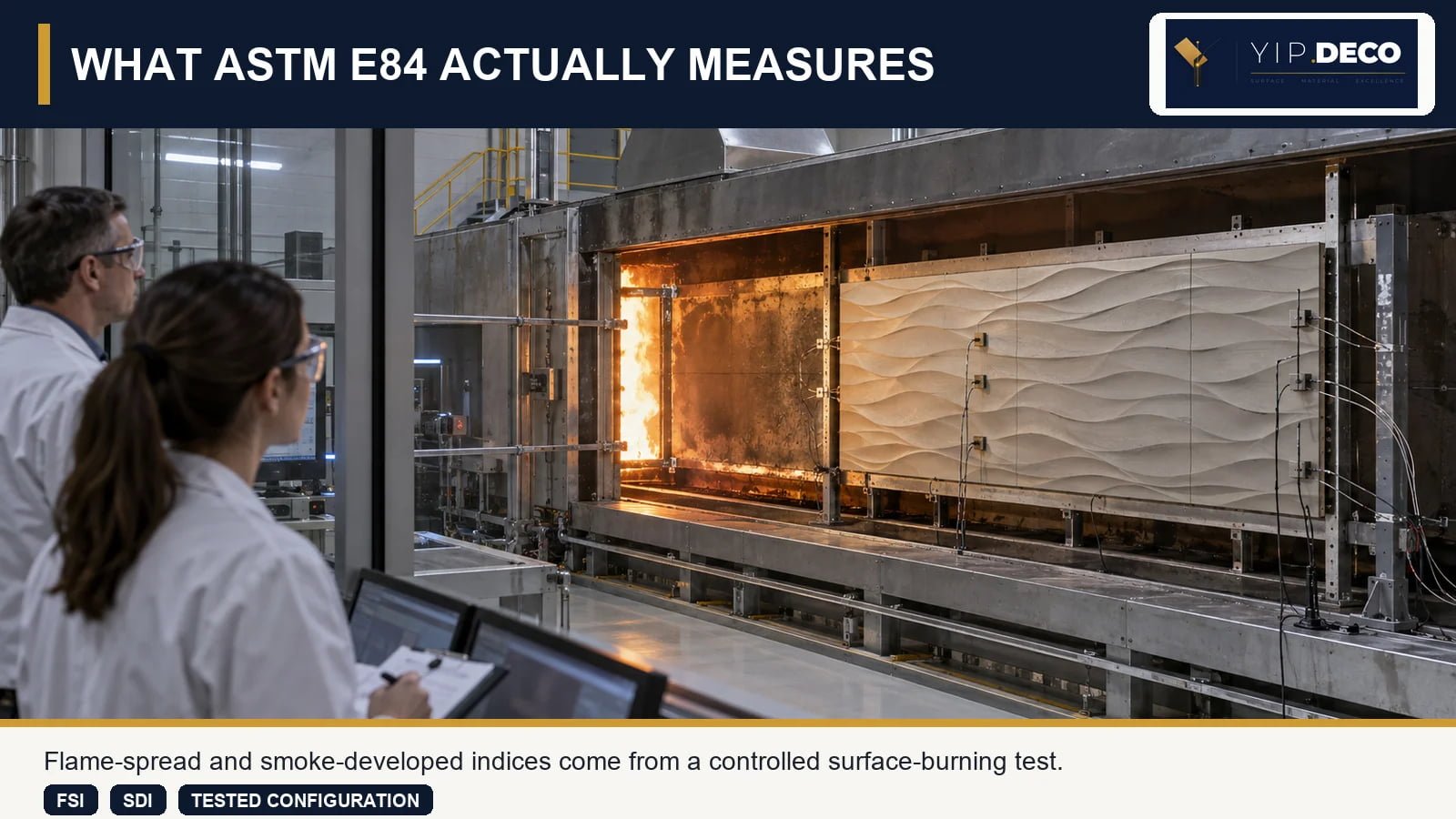 Controlled surface-burning test used to determine flame spread and smoke developed indices