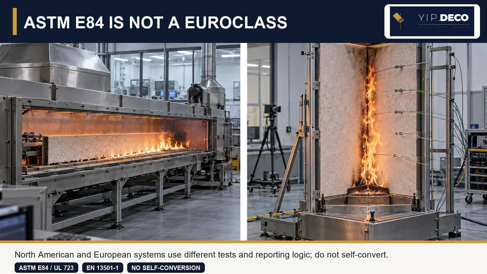 ASTM E84 and European reaction-to-fire testing use different equipment and reporting logic