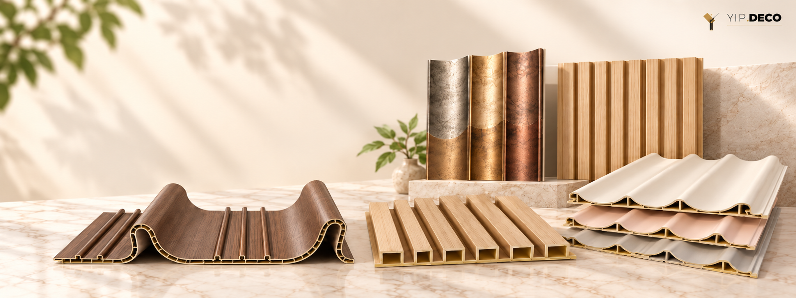 Decorative WPC wall mouldings and grille panels feature wall background