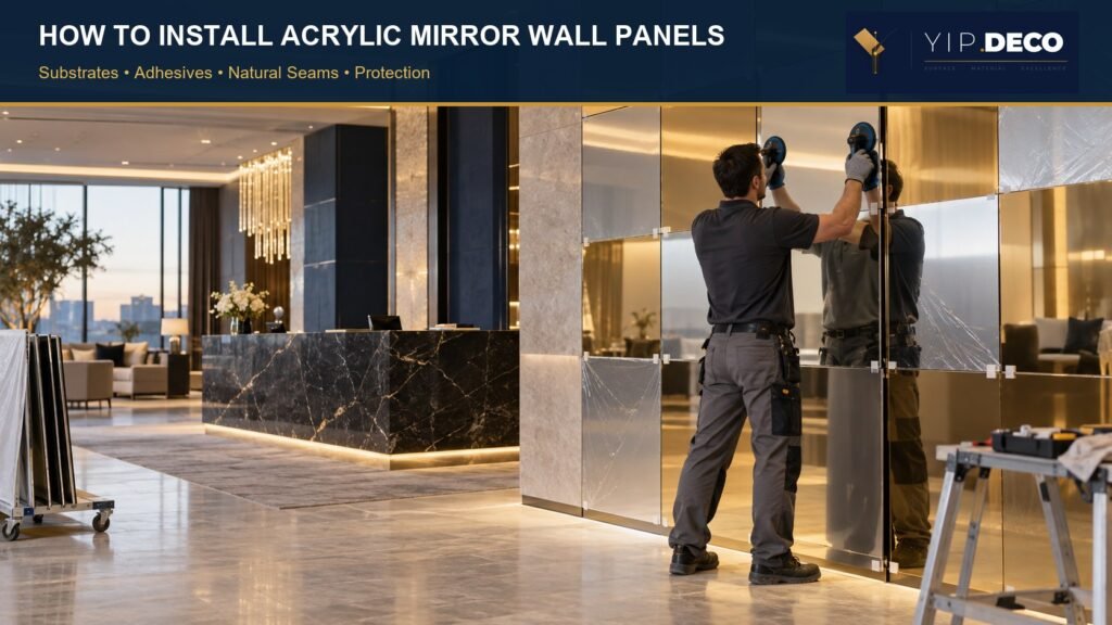 Professional installation of acrylic mirror wall panels in a hotel reception