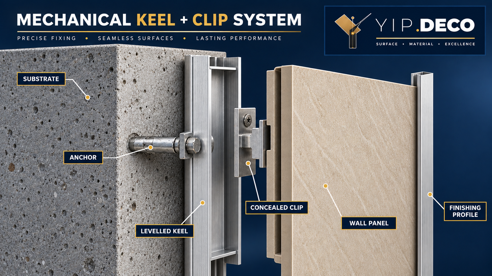 Mechanical keel clip and rail wall panel installation anatomy