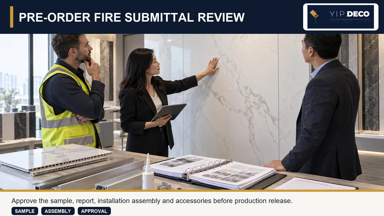 Wall-panel sample, fire report and installation system reviewed before production