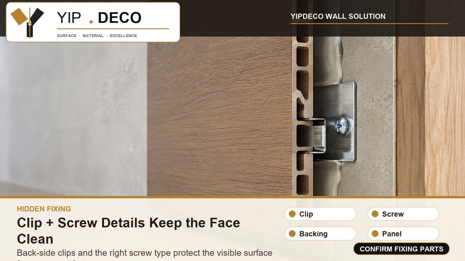 Hidden wall panel clip fixing detail with screw adhesive support and substructure