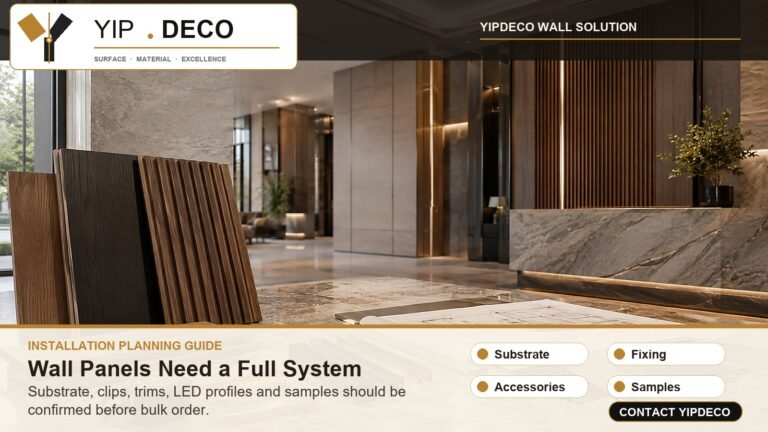 Wall panel installation guide showing substrate clips trims and LED profiles for project buyers