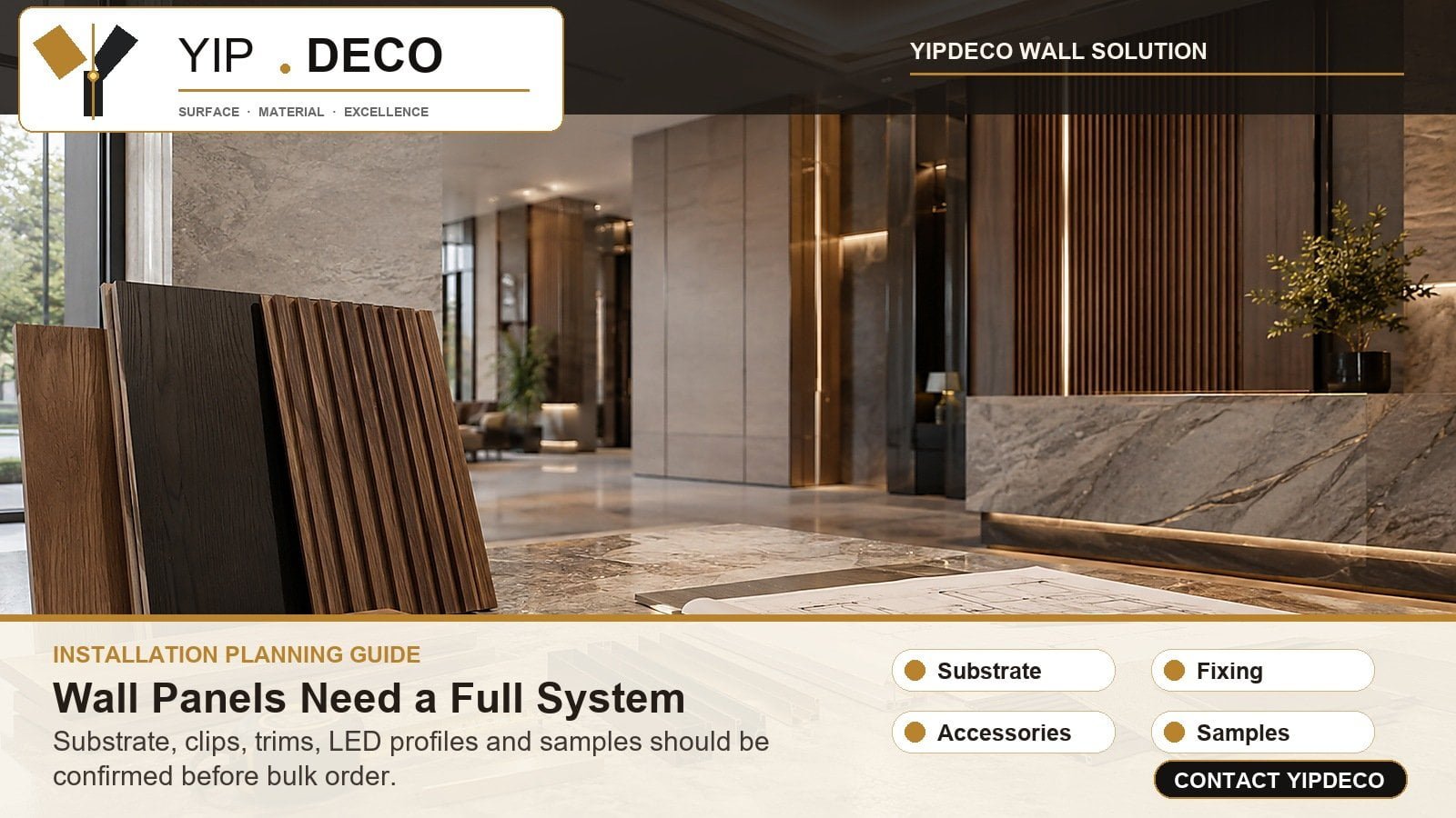 Wall panel installation guide with substrate clips trims and LED profiles