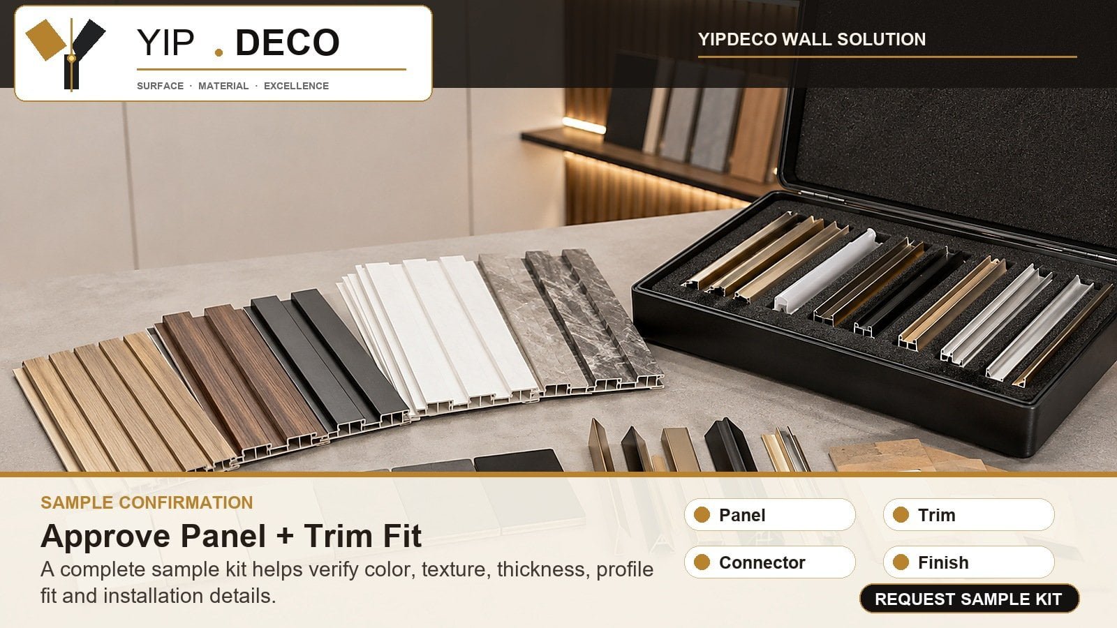 Wall panel sample kit for panel trim connector and finish confirmation